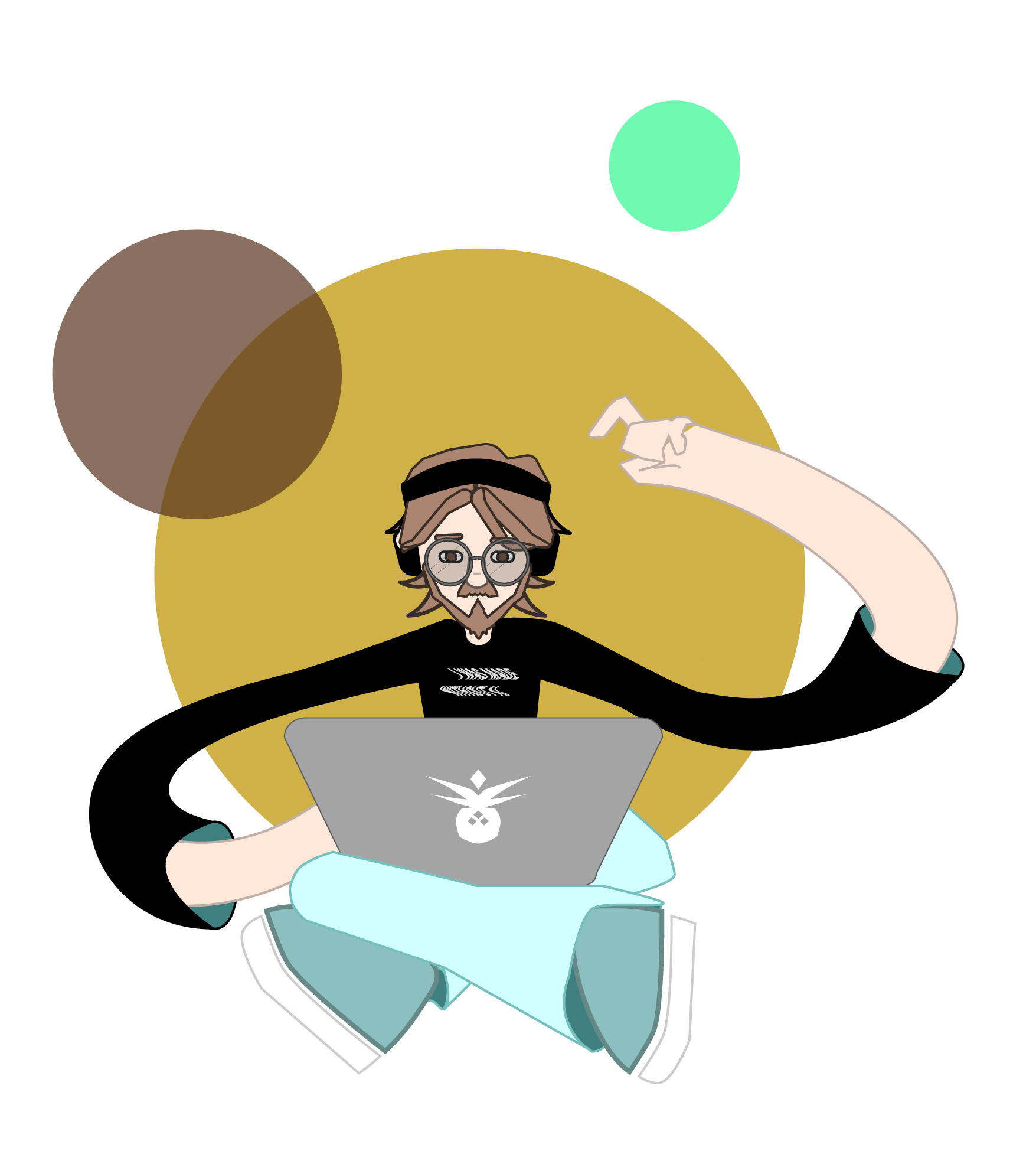 an original illustration of Matt by Matt in a fun cartoon style, depicting him typing on a Pineapple branded laptop with giant wavey arms